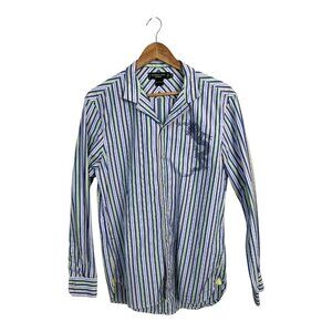 Shanghai Tan Men's Striped Long Sleeve Button Down with Dragon Asian Luxury Sz M